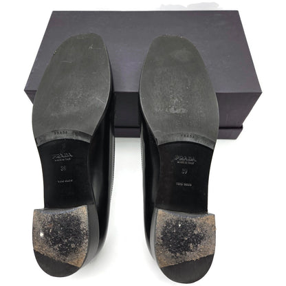 Prada Black Leather Loafer 1D9558 Gold Studs Flats Square Toe Womens Size EU 39