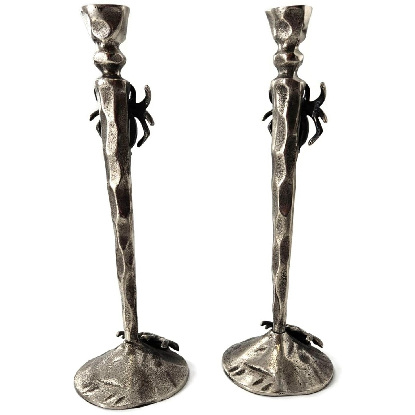 Gothic Halloween Spooky Spider Black Metal Taper Candle Holder Decor Set of 2