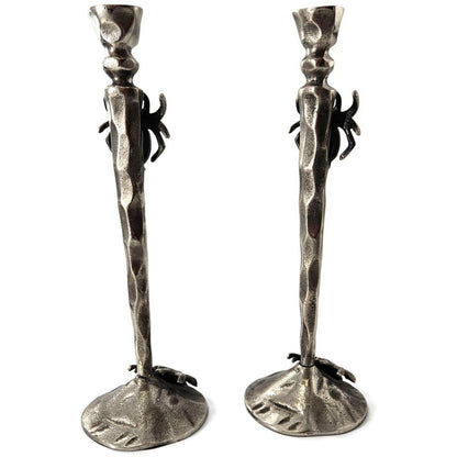 Gothic Halloween Spooky Spider Black Metal Taper Candle Holder Decor Set of 2