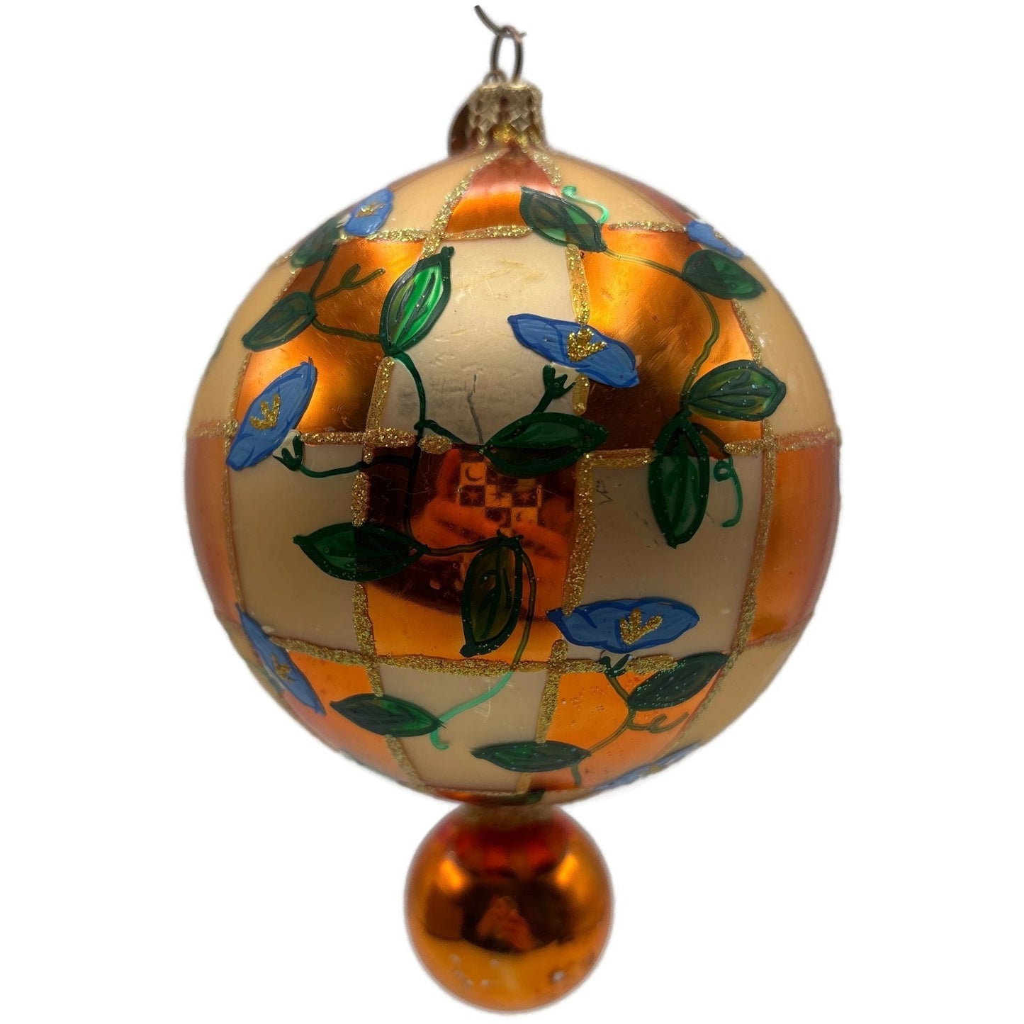 Christopher Radko Heavenly Blue Morning Glory Orange Glass Christmas Ornament