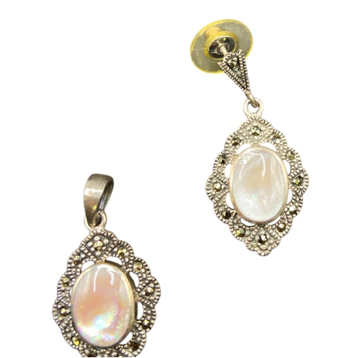 Mother Of Pearl Oval Pendant Earrings Set Marcasite Crystal 925 Sterling Silver