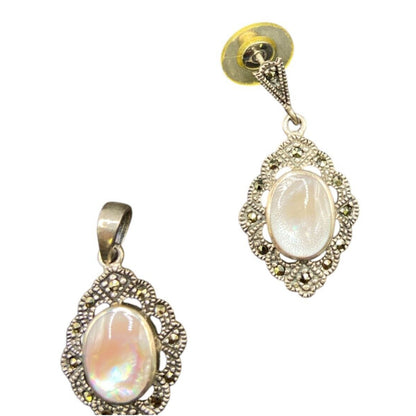 Mother Of Pearl Oval Pendant Earrings Set Marcasite Crystal 925 Sterling Silver