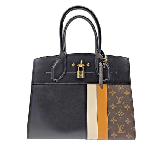 Louis Vuitton City Steamer MM Handbag M55433 Black Calfskin Monogram Stripe Bag