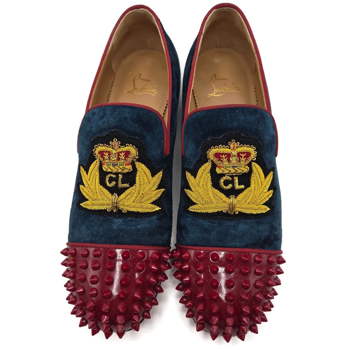 Christian Louboutin Harvanana Flat Veau Velours Blue Size 39 Spikes Crest Loafer