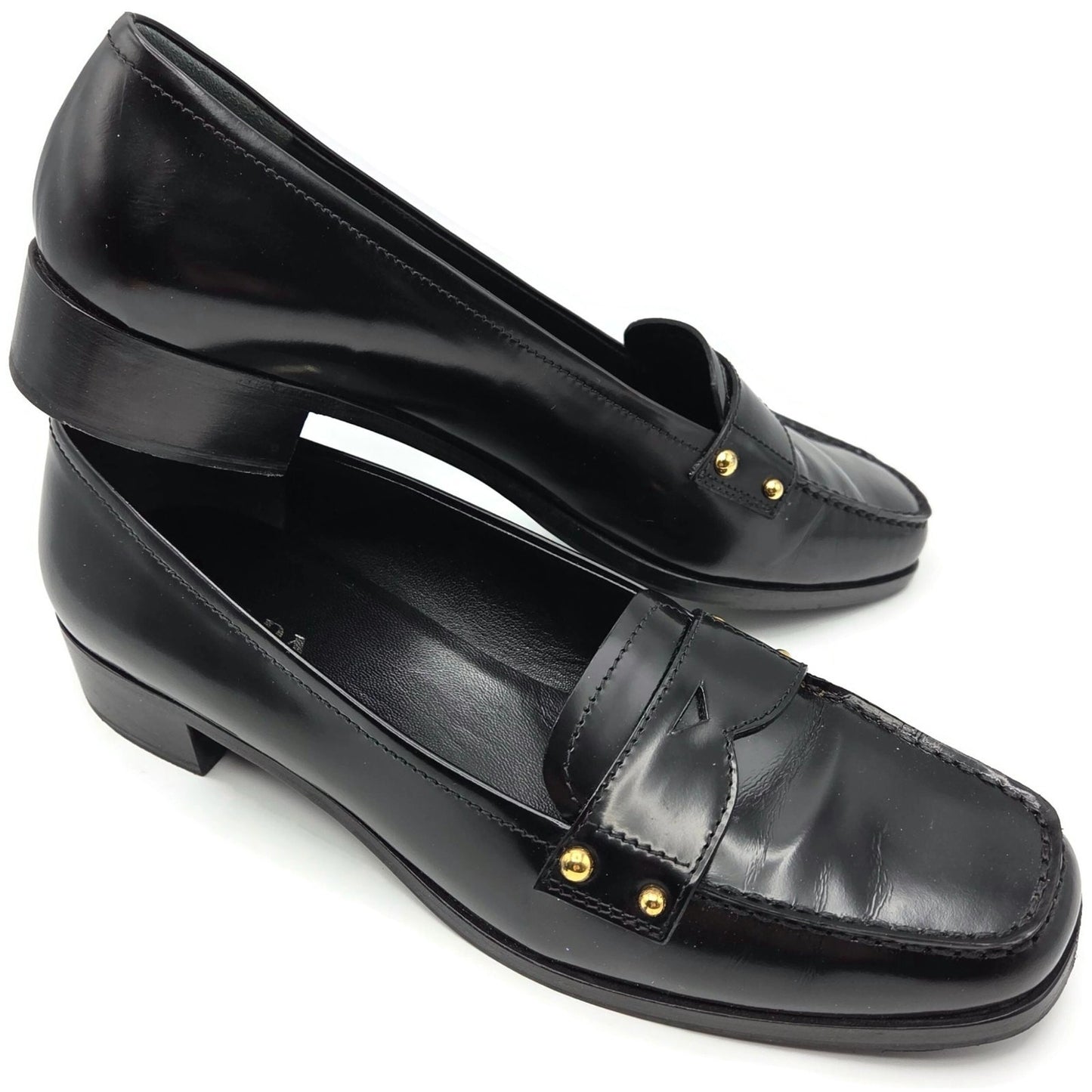 Prada Black Leather Loafer 1D9558 Gold Studs Flats Square Toe Womens Size EU 39