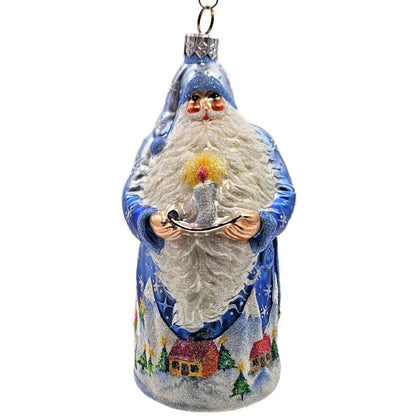 Patricia Breen Light a Single Candle Blue Santa Village Christmas Tree Ornament