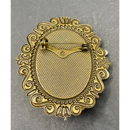 Vintage Porcelain Lady Cameo Brooch Rhinestones Gold Tone Metal Filigree