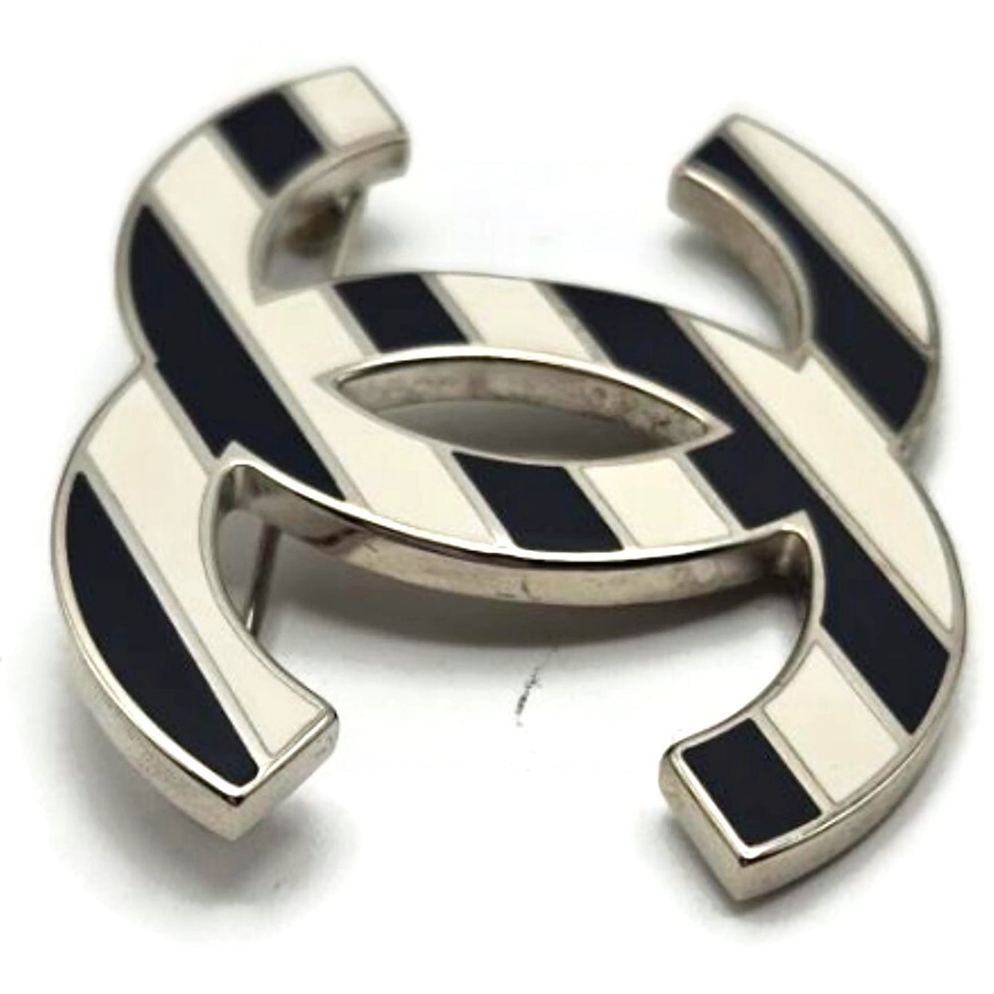 Co Co Chanel Brooch Pin Striped Enamel White Navy Blue with Velvet Pouch Box Tag