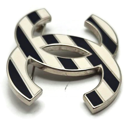 Co Co Chanel Brooch Pin Striped Enamel White Navy Blue with Velvet Pouch Box Tag