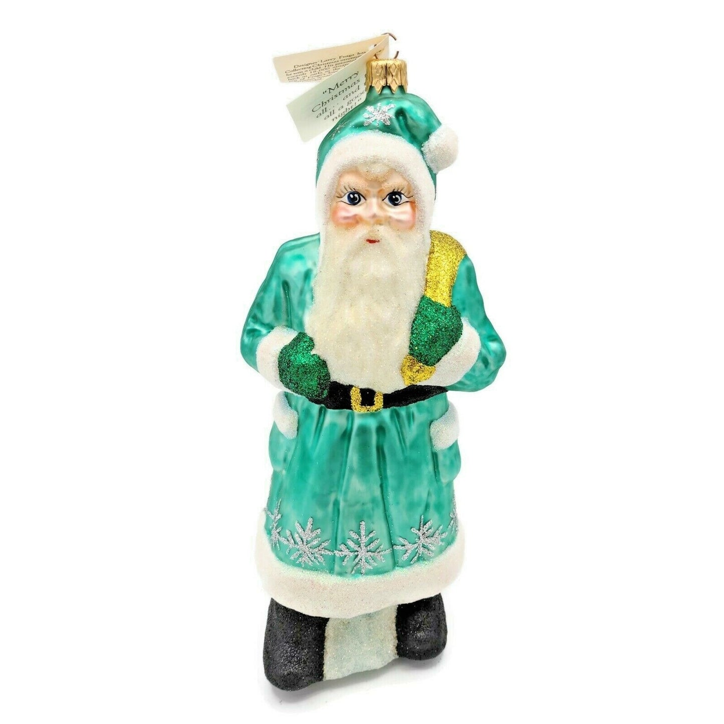 Larry Fraga Santa Claus Silver Turquoise Glittered Snowflakes Christmas Ornament