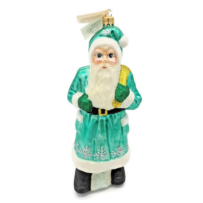 Larry Fraga Santa Claus Silver Turquoise Glittered Snowflakes Christmas Ornament