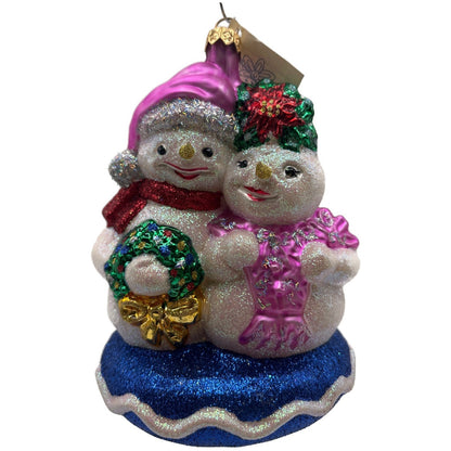 Larry Fraga Glitter Series Snowman Couple Wreath Pink Hat Blue Base Ornament