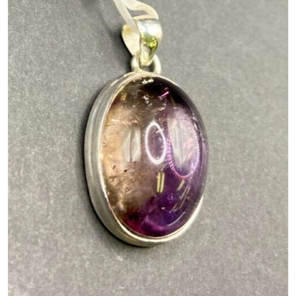 Polished Ametrine Gemstone Pendant Purple Oval Cabochon Silver Tone Metal