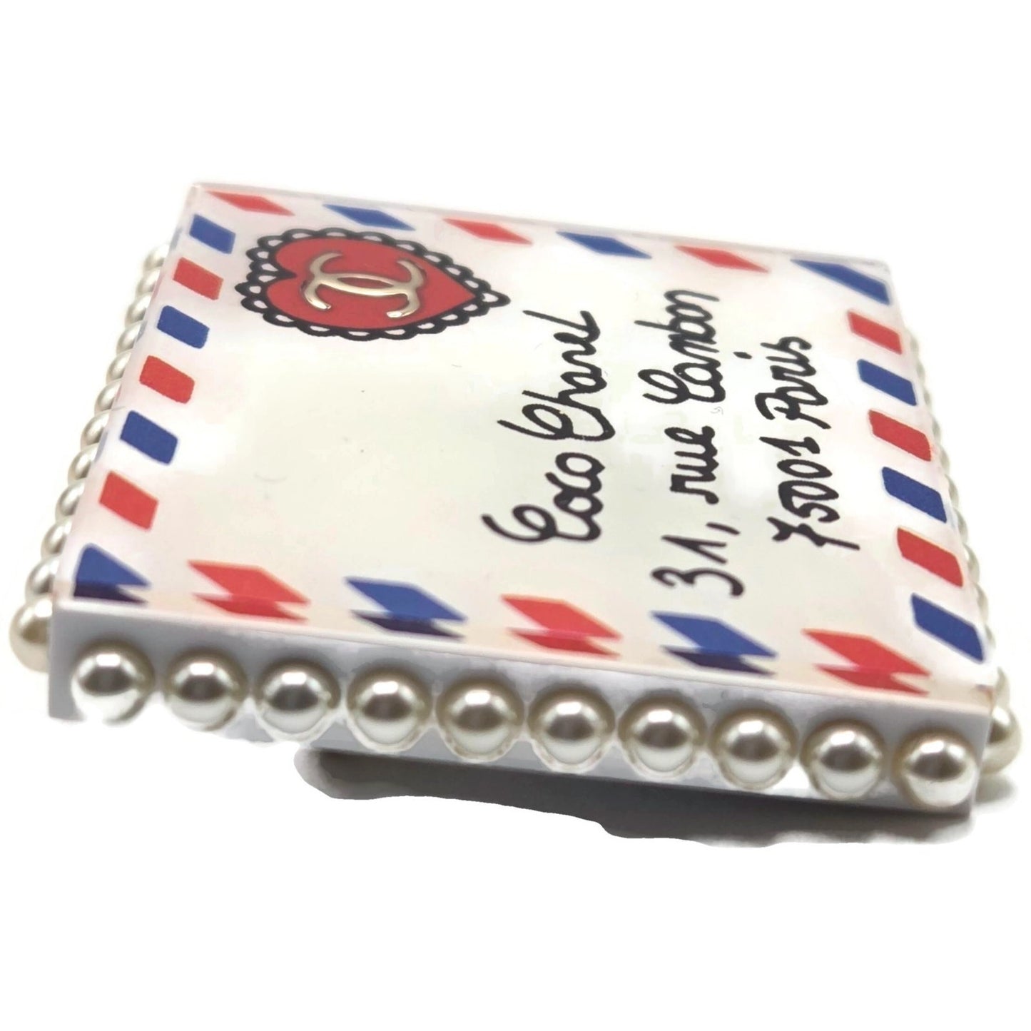 Chanel 19C Rue Cambon Paris Letter Brooch Pin AB0919 CC Logo Pearl Airmail Blue