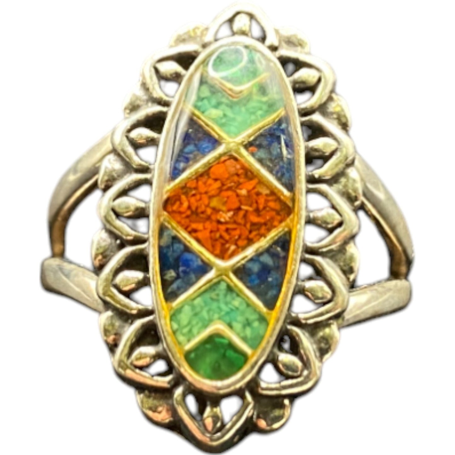 Carolyn Pollack 925 Sterling Silver Ring Oval Mosaic Multistone Chips Size 8