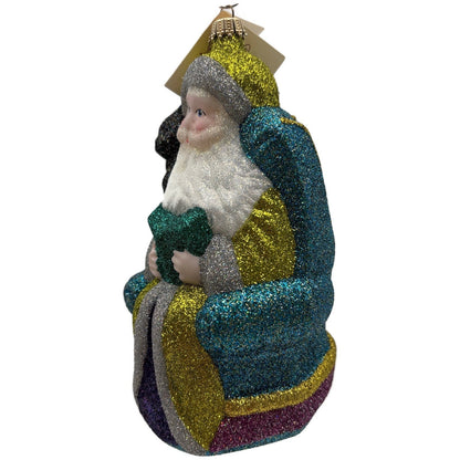 Larry Fraga Settling In Yellow Santa Claus Black Bear Glitter Christmas Ornament