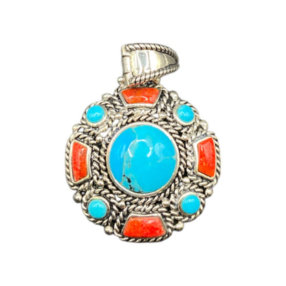 Turquoise Coral Round Charm Pendant Filigree Sterling Silver Crystal NK Thailand