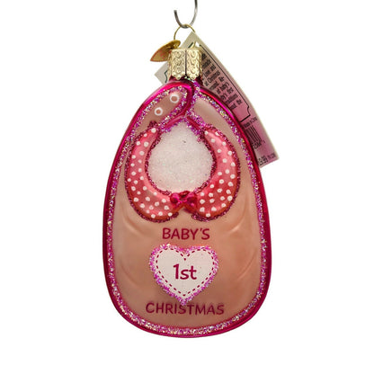 Pink Baby Bib Girl Babys First Christmas Holiday Dinner Old World Christmas OWC