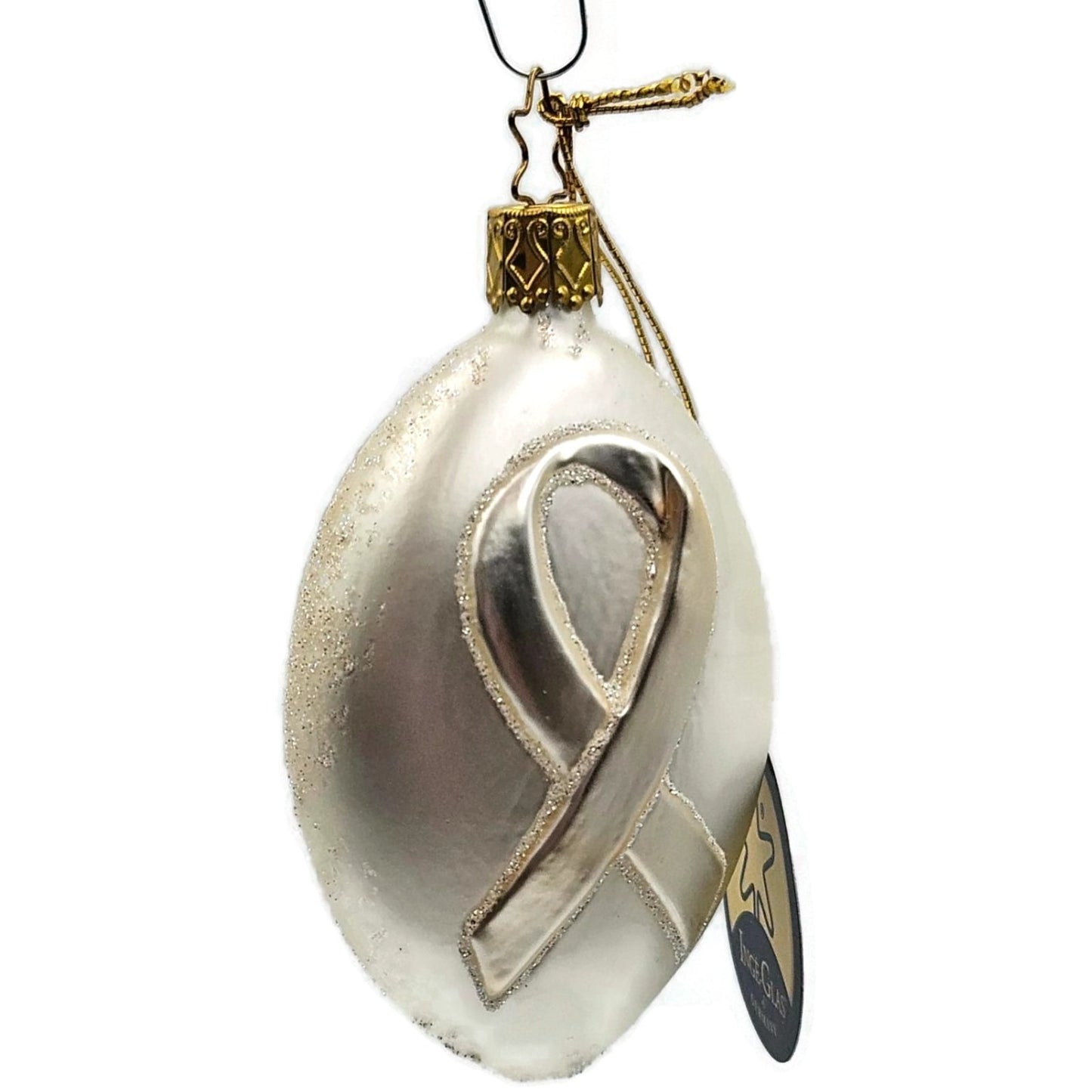 Inge Glass White Ribbon Glittered Glass Ornament German Christmas Tree Ornament