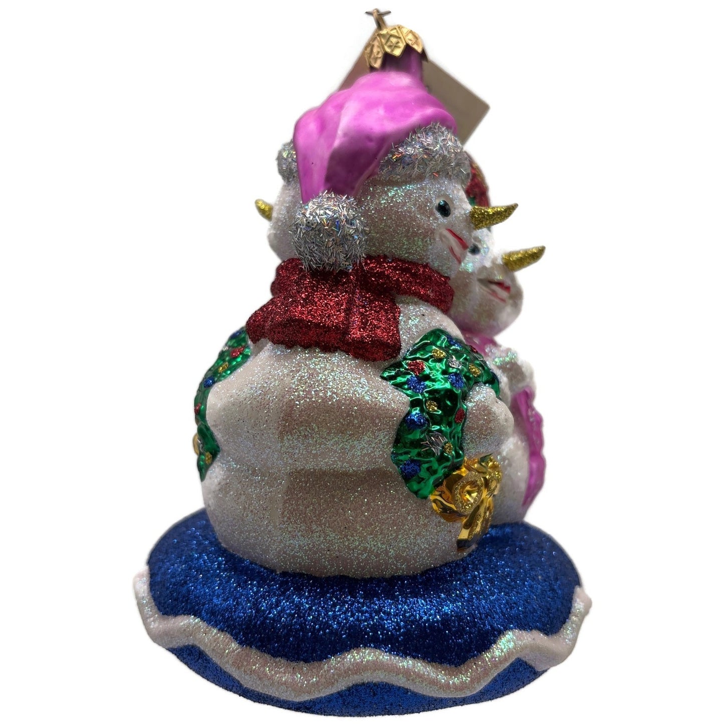 Larry Fraga Glitter Series Snowman Couple Wreath Pink Hat Blue Base Ornament