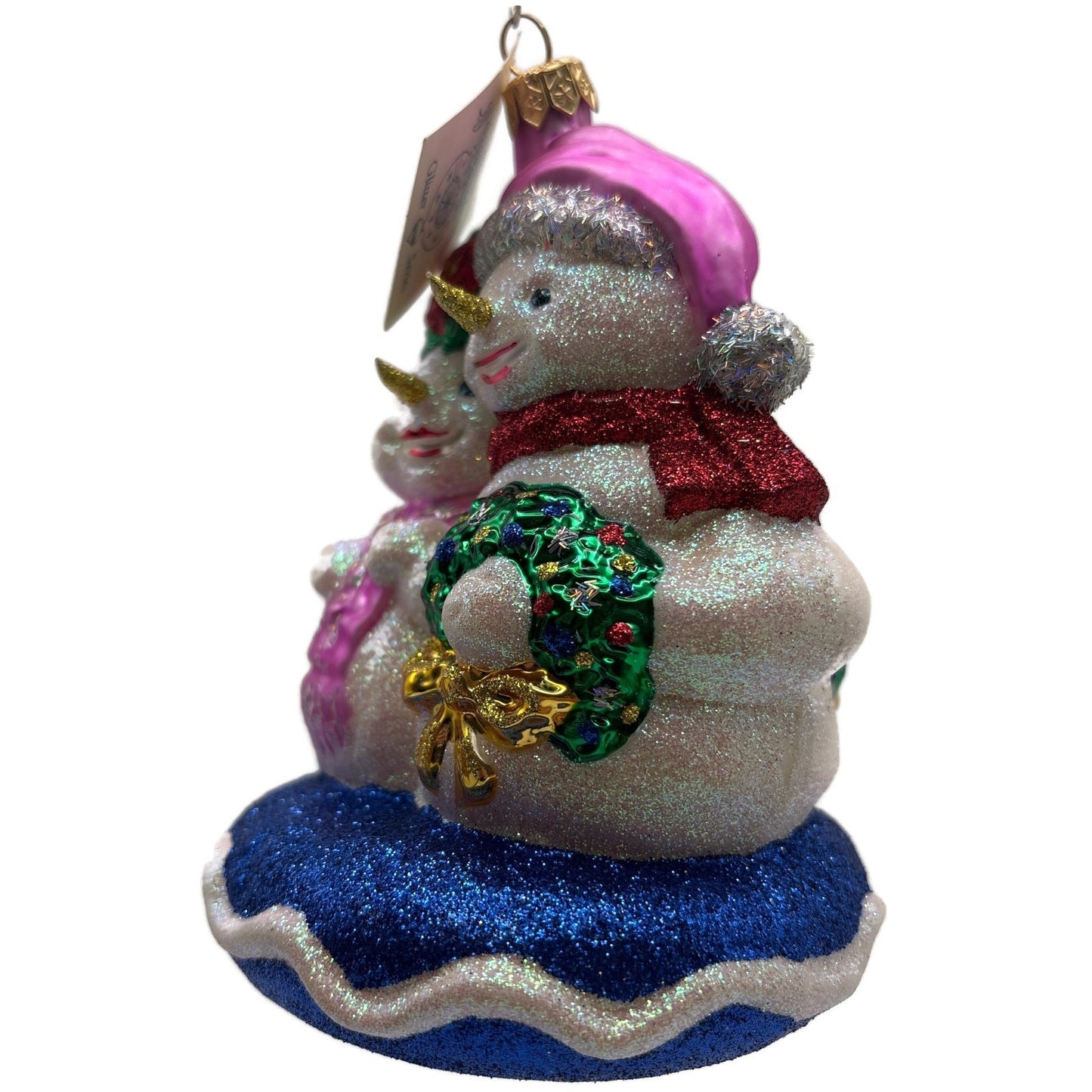 Larry Fraga Glitter Series Snowman Couple Wreath Pink Hat Blue Base Ornament