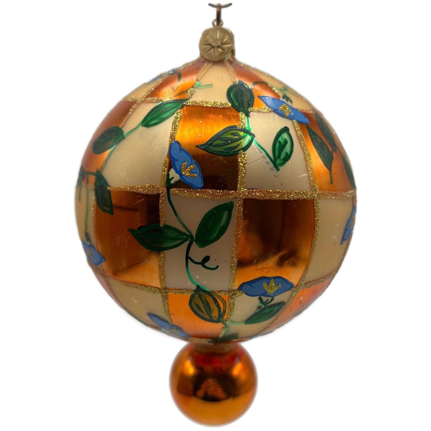 Christopher Radko Heavenly Blue Morning Glory Orange Glass Christmas Ornament