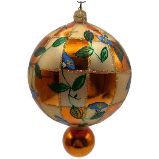 Christopher Radko Heavenly Blue Morning Glory Orange Glass Christmas Ornament