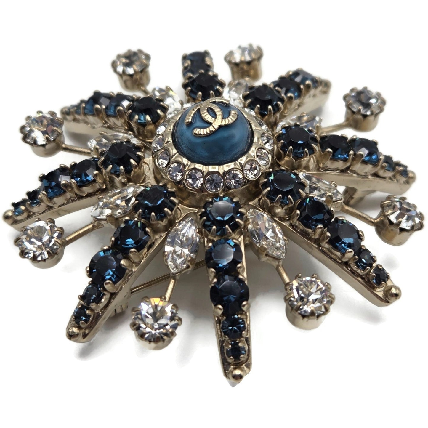 CoCo Chanel Starburst Brooch Blue Crystal Rhinestone Gold Tone Pin with Box Rare