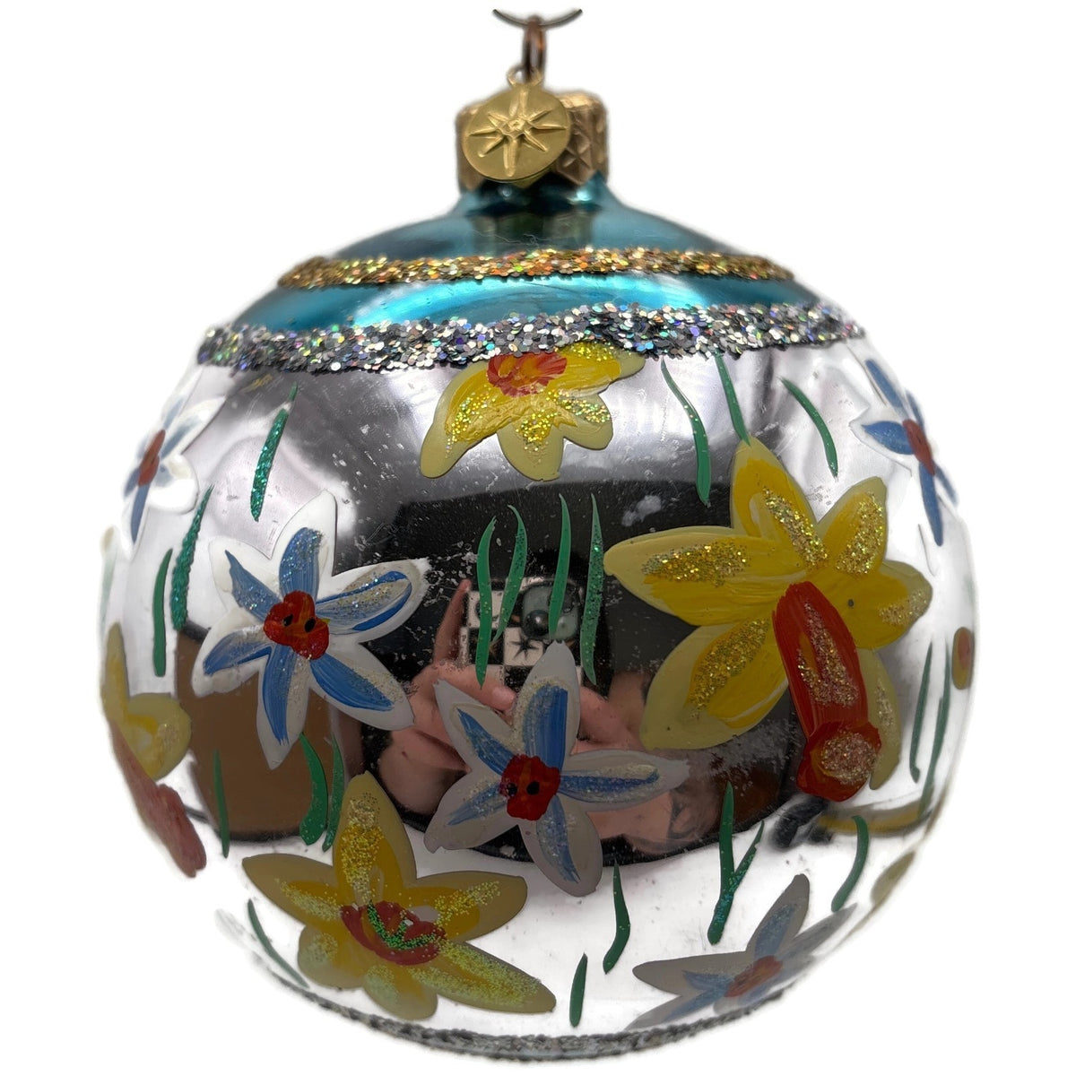 Christopher Radko Floral Glass Ornament Silver Blue Yellow Hand Painted Glitter