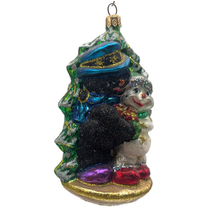 Larry Fraga Chillin White Black Snowman Glitter Glass Christmas Tree Ornament