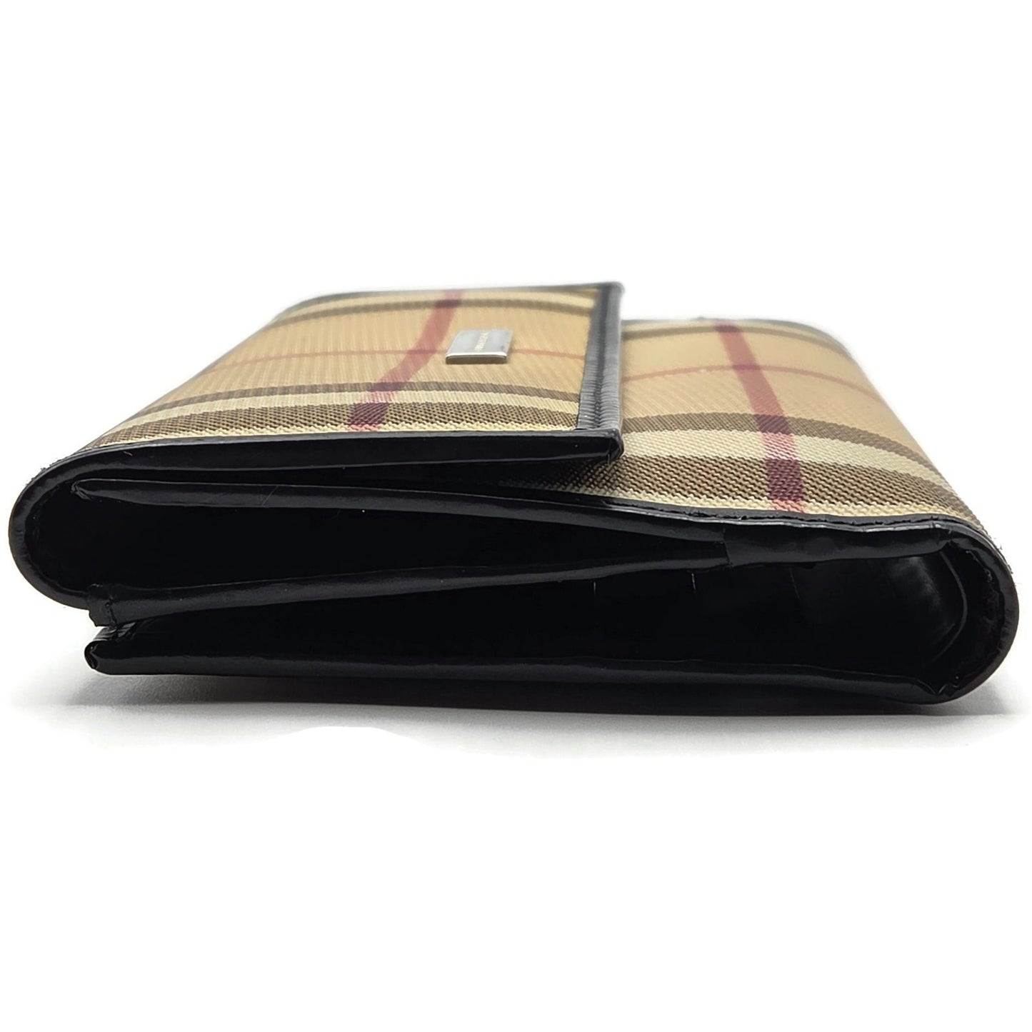 Burberry London Vintage Nova Check Leather Snap Bi-Fold Wallet Black Beige Plaid