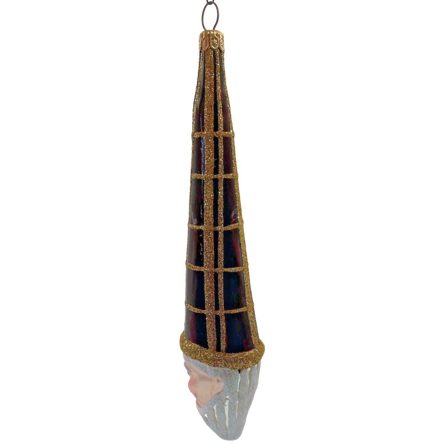 Patricia Breen Winter Wizard Bordeaux Plaid Gold Santa Head Christmas Ornament