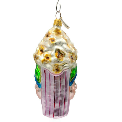 Larry Fraga Popcorn Box Blown Glass Circus Clown Movie Glitter Striped Ornament
