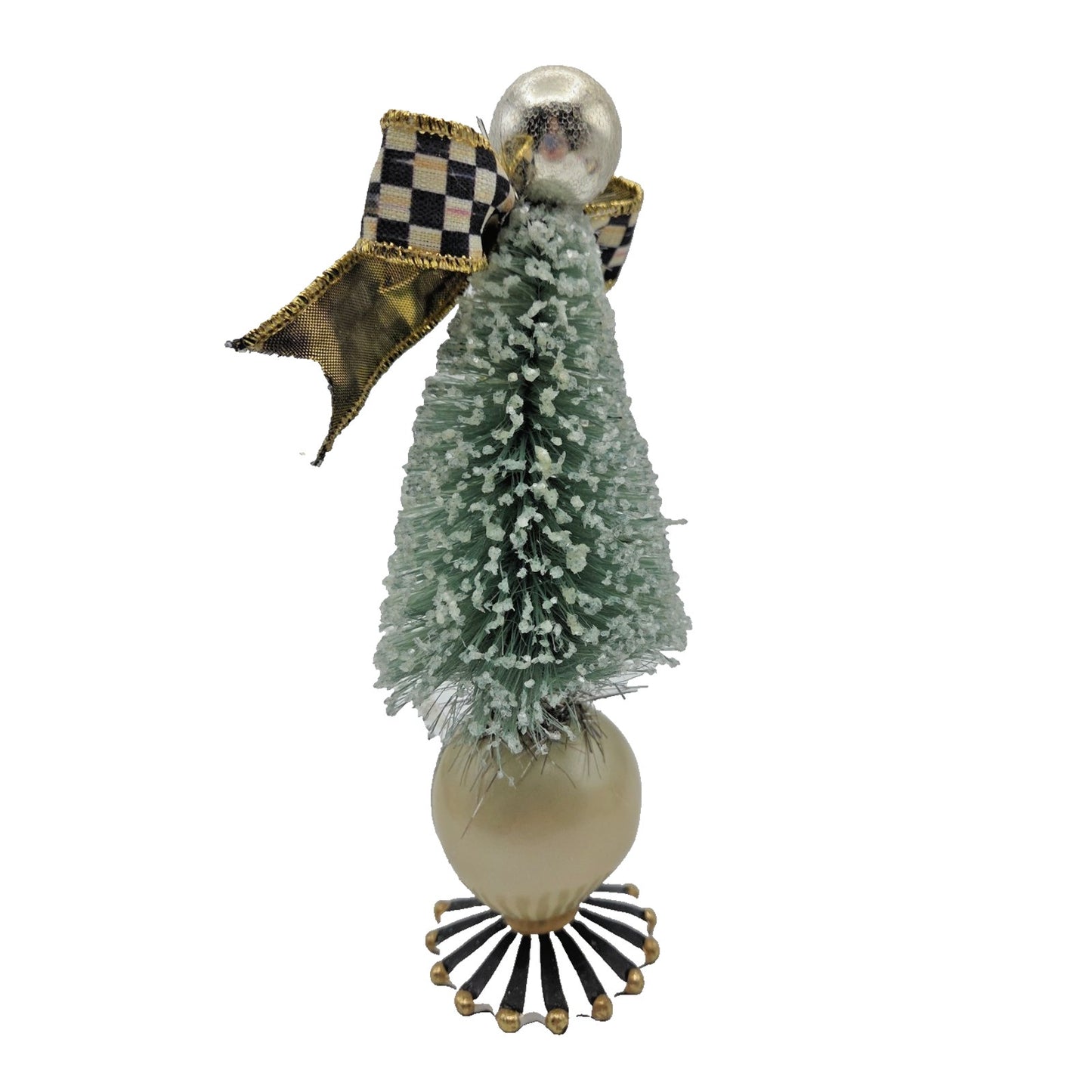 Mackenzie Childs Home Sweet Snow Bottle Brush Tree Mini Green Courtly Check Bow