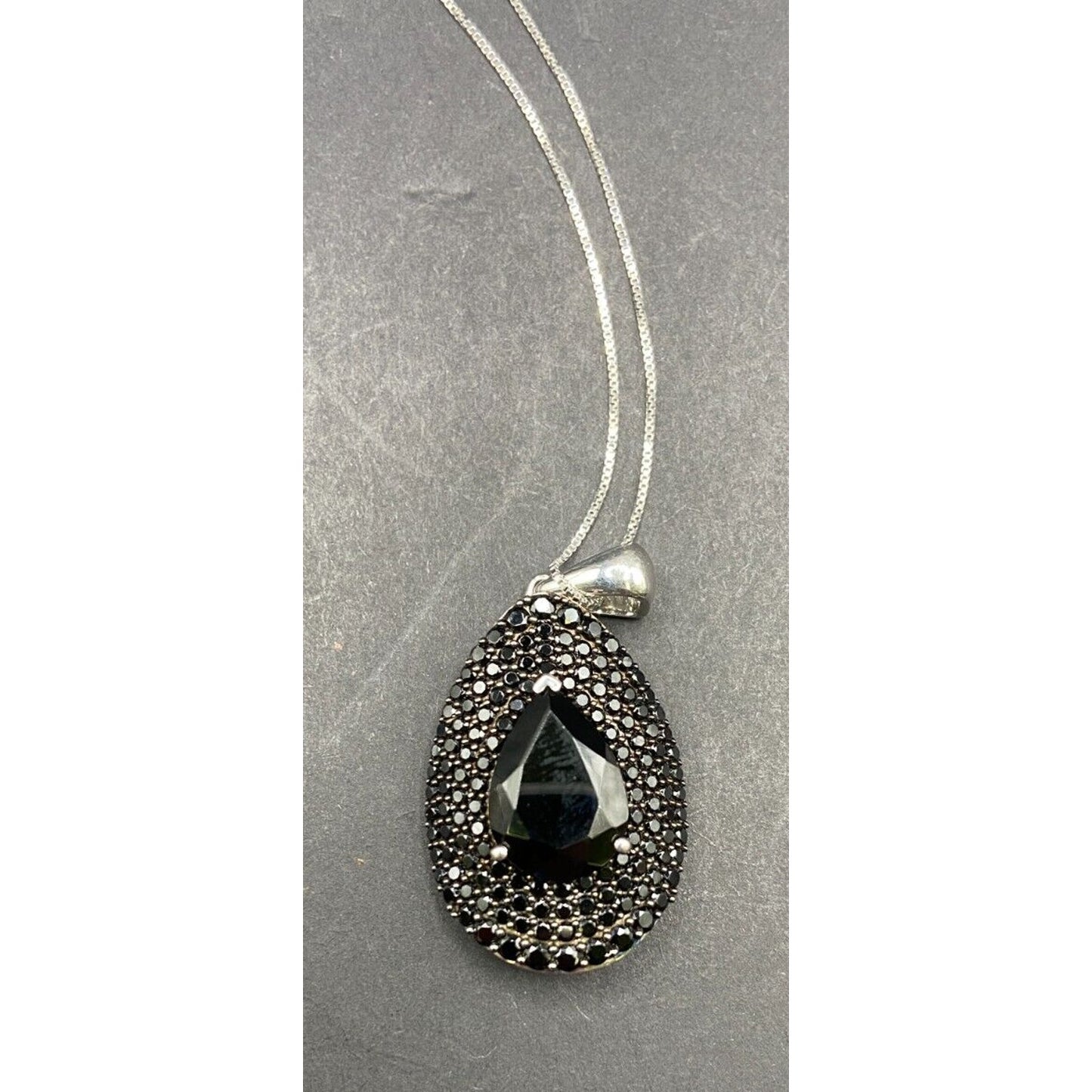 Black Onyx Teadrop Pendant Marcasite 925 Sterling Silver Box Chain Necklace GIE