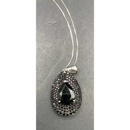 Black Onyx Teadrop Pendant Marcasite 925 Sterling Silver Box Chain Necklace GIE