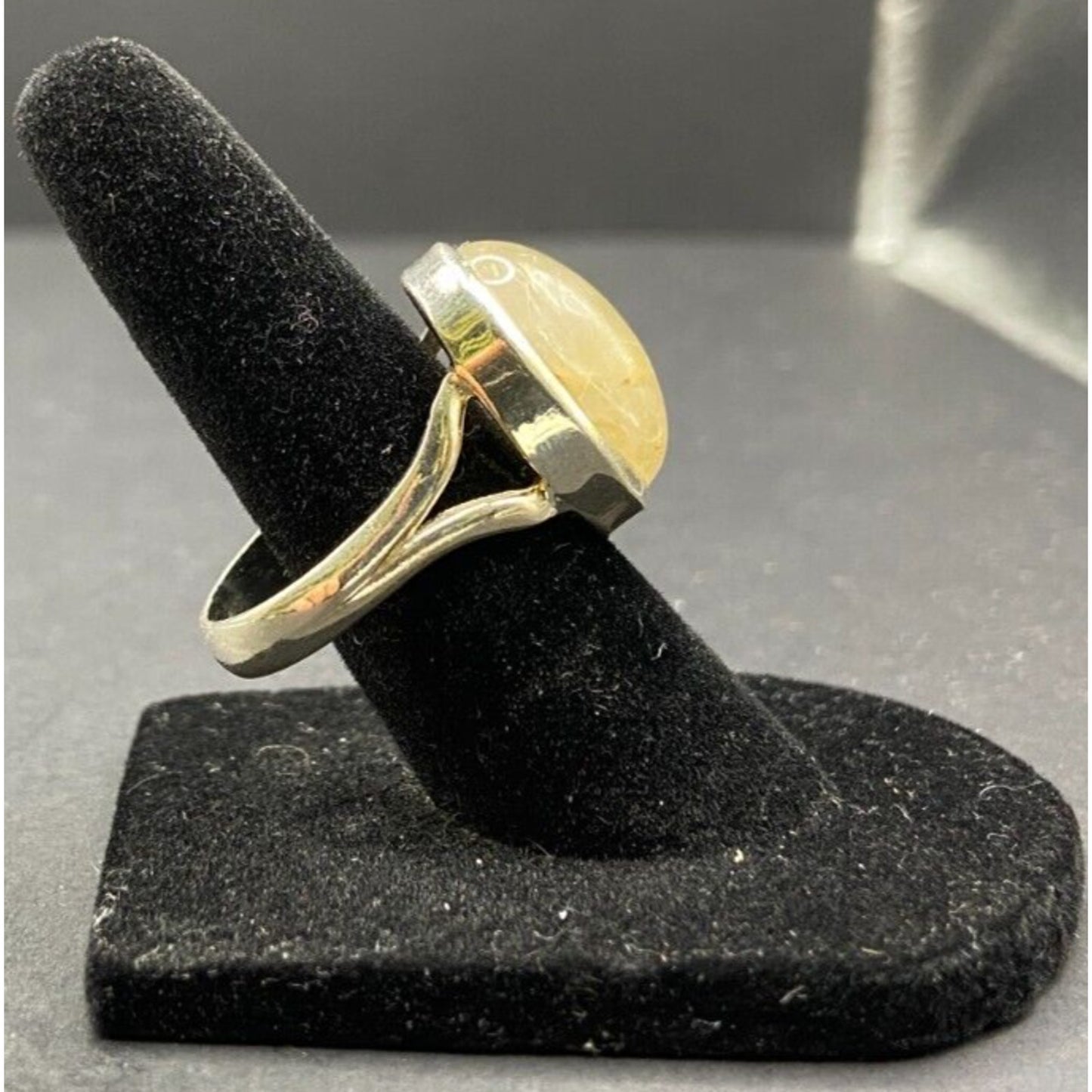 Golden Rutilated Quartz Crystal Ring Oval Cabochon 925 Sterling Silver Size 4