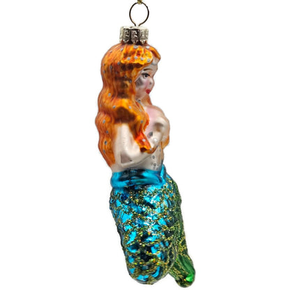 Mermaid Red Hair Blue Green Glitter Fin Christmas Tree Ornament Vintage Glass