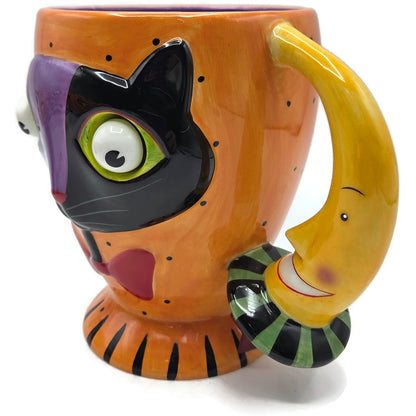Department 56 Halloween Google Eye Black Cat Orange Mug Coffee Cup Moon Handle
