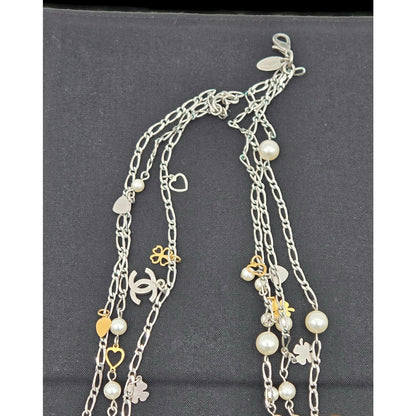 CoCo Chanel Three Strand Chain Hearts Clover Faux Pearl CC Logo Charm Necklace