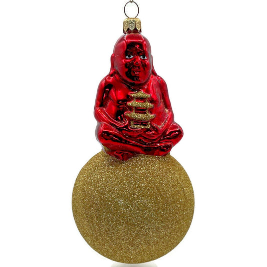 Patricia Breen Ornament Buddha On Ball Red Gold Glittered Ball Christmas Tree