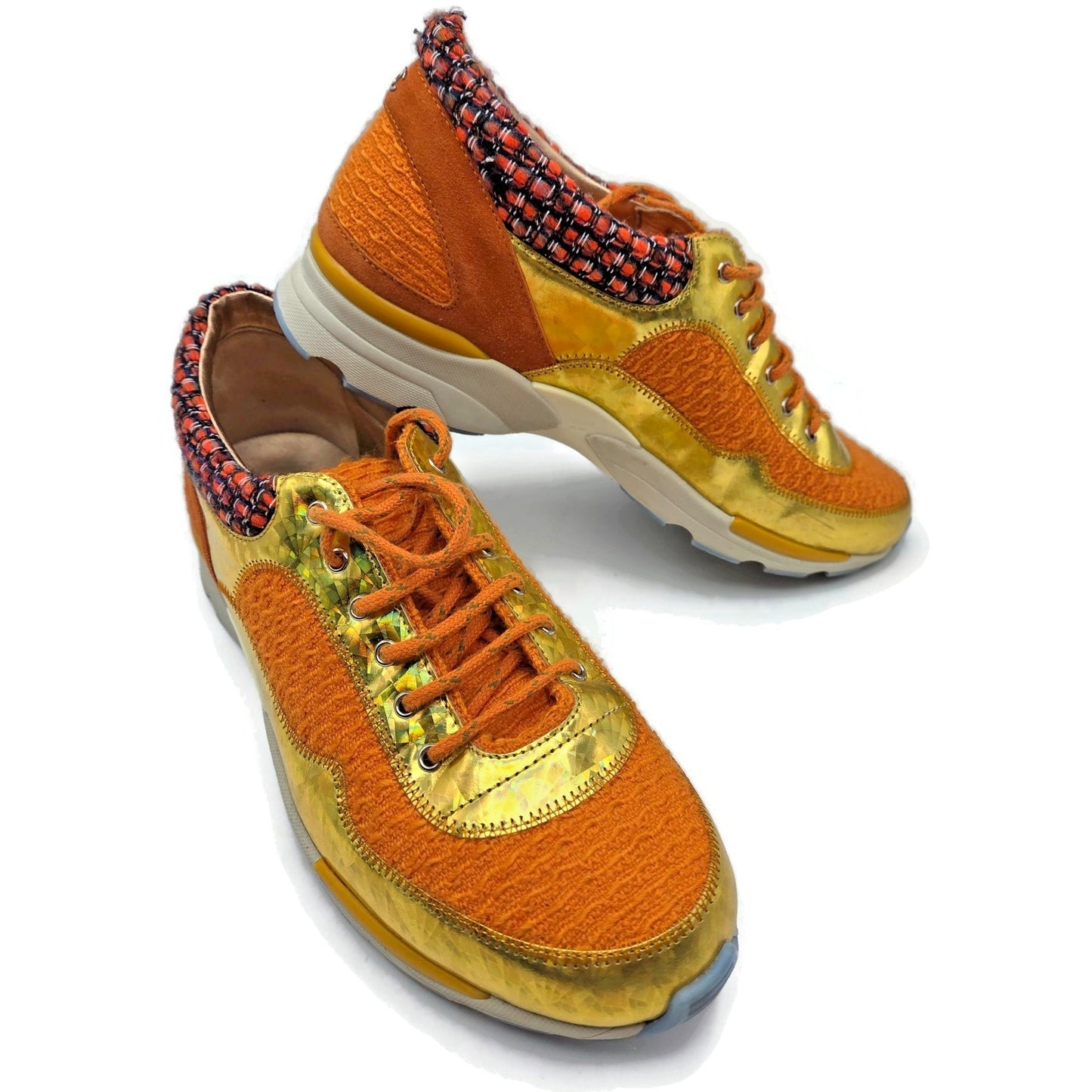Chanel 14K Supermarket Orange Tweed PVC Suede Gold Sneakers Women EU Size 40.5