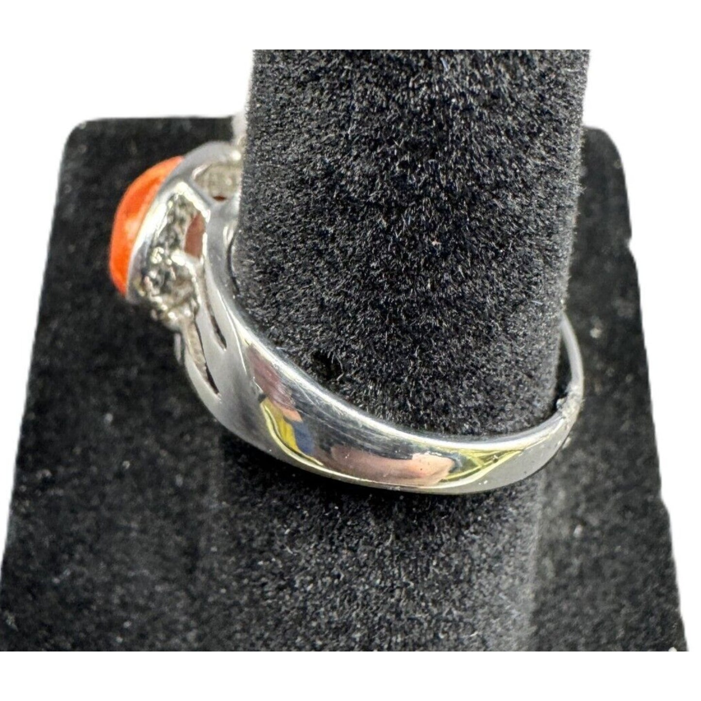 NF 925 Signed Sterling Silver Ring Teardrop Shape Sponge Coral Rhinestone Size 7