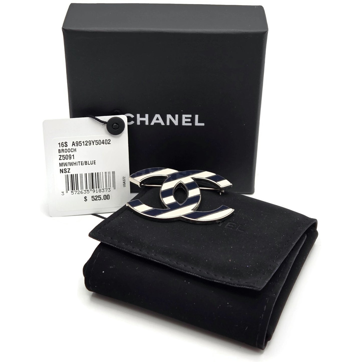 Co Co Chanel Brooch Pin Striped Enamel White Navy Blue with Velvet Pouch Box Tag