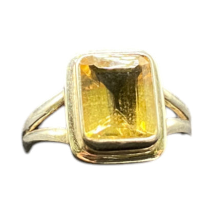 Emerald Cut Yellow Citrine Crystal Gemstone Ring 925 Sterling Silver Size 8.25