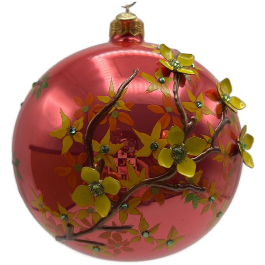 Glitter Lab Floral Symphony Raspberry Ball With Forsythia 80MM Christmas Decor
