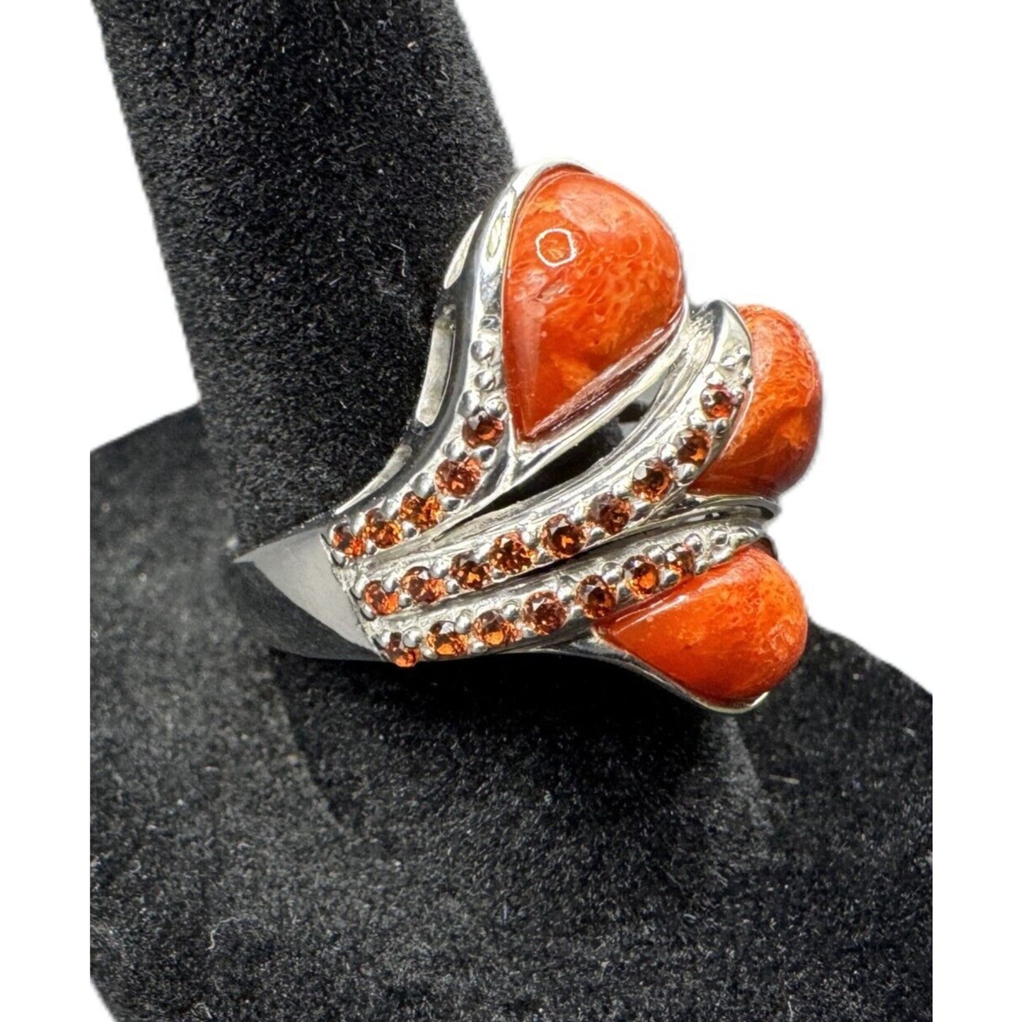 NF 925 Signed Sterling Silver Ring Teardrop Shape Sponge Coral Rhinestone Size 7