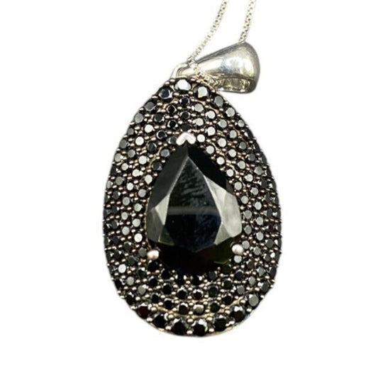 Black Onyx Teadrop Pendant Marcasite 925 Sterling Silver Box Chain Necklace GIE