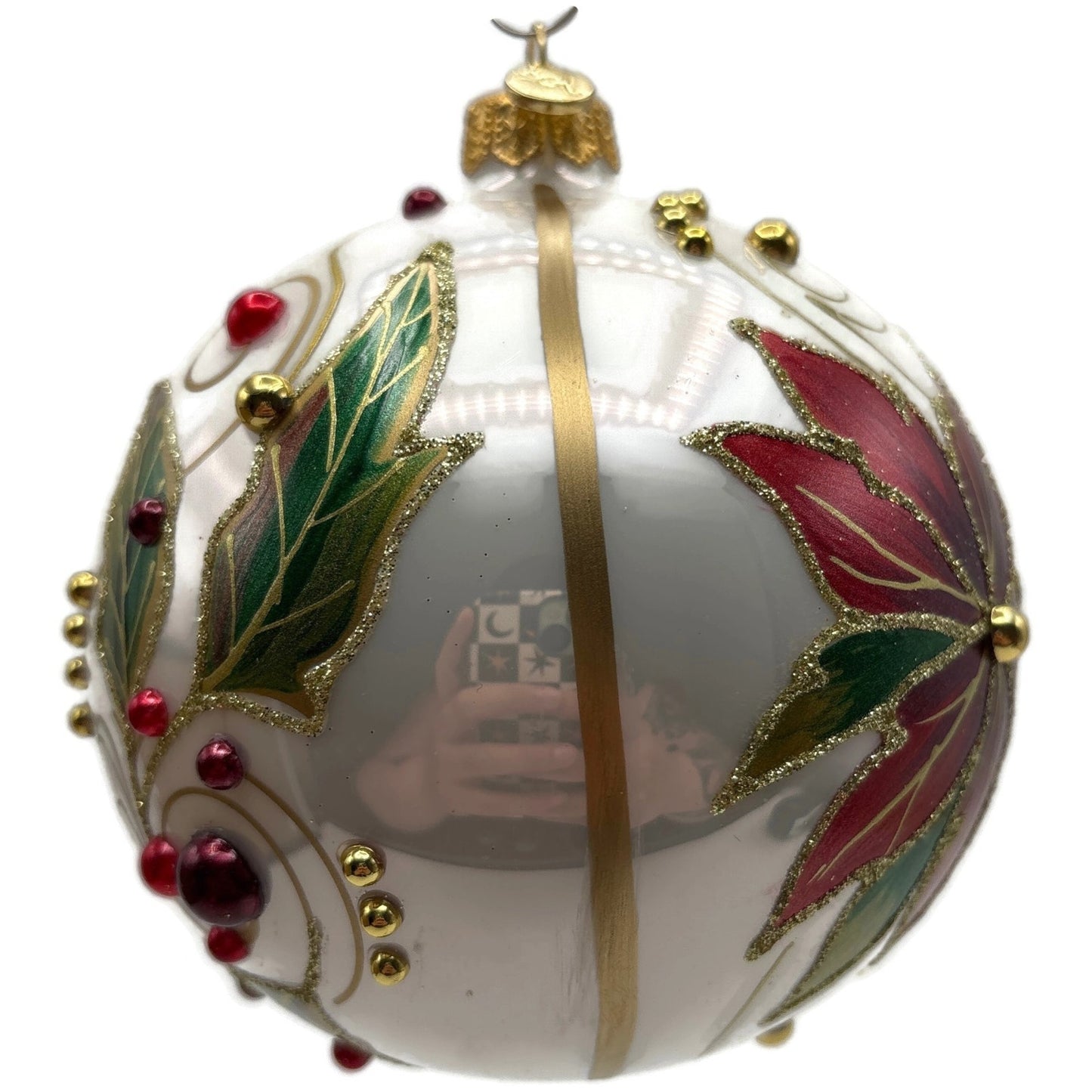Glitter Lab Christmas Patterns Poinsettia Leaves White Orb Ball Holiday Ornament