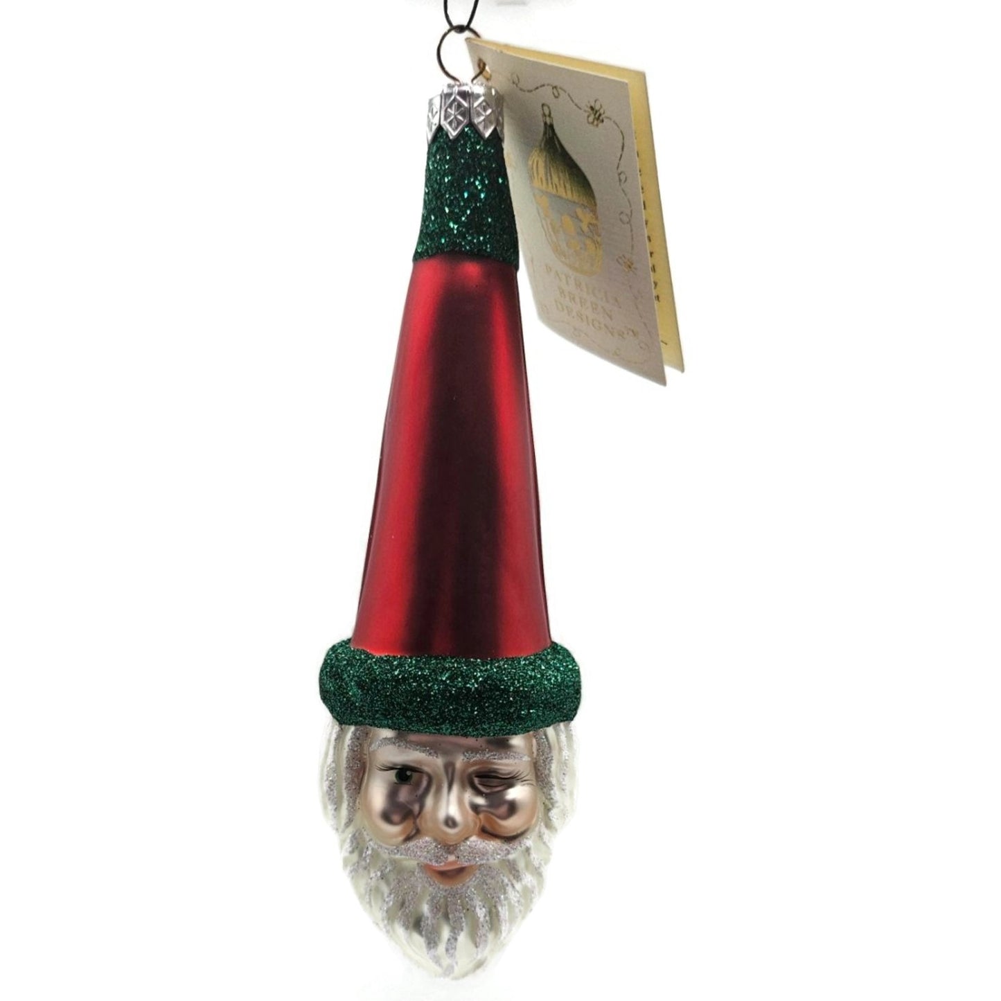 Patricia Breen Wink of His Eye Red Hat Santa Head Green Christmas Tree Ornament
